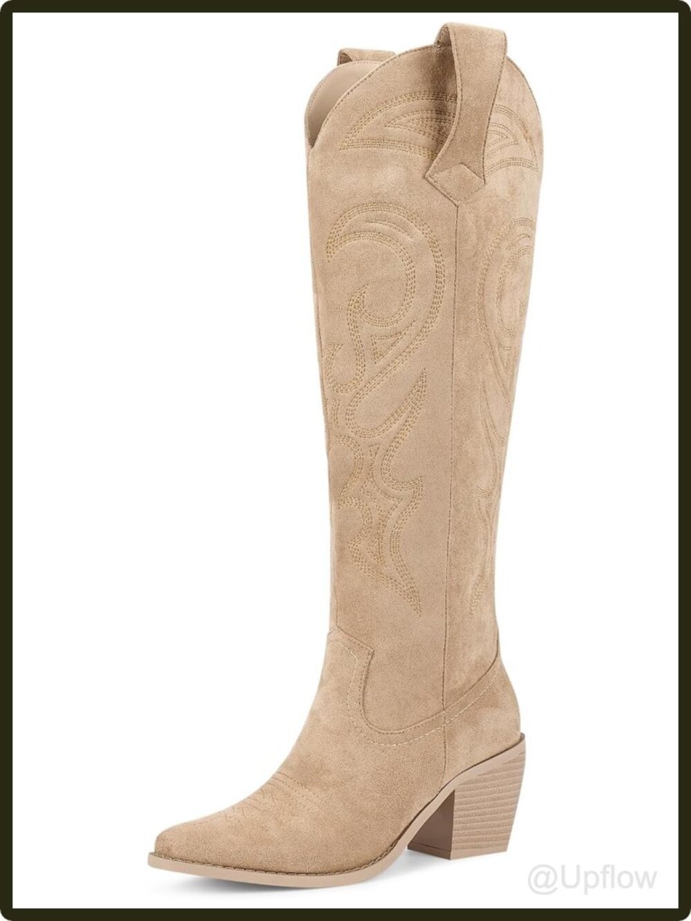 Women's Knee High Western Cowboy Boots Faux Suede Embroidered Block Heel Zip
